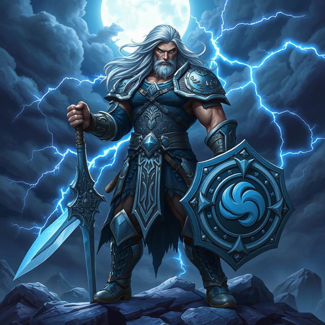 Create a dynamic and captivating character illustration of Evander Stormr, a heroic fantasy figure