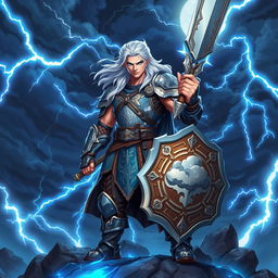 Create a dynamic and captivating character illustration of Evander Stormr, a heroic fantasy figure