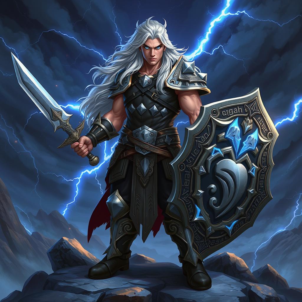 Create a dynamic and captivating character illustration of Evander Stormr, a heroic fantasy figure