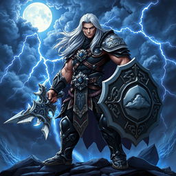 Create a dynamic and captivating character illustration of Evander Stormr, a heroic fantasy figure