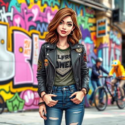 Illustrate Lexi Dixon, a stylish and confident young woman in a vibrant urban setting