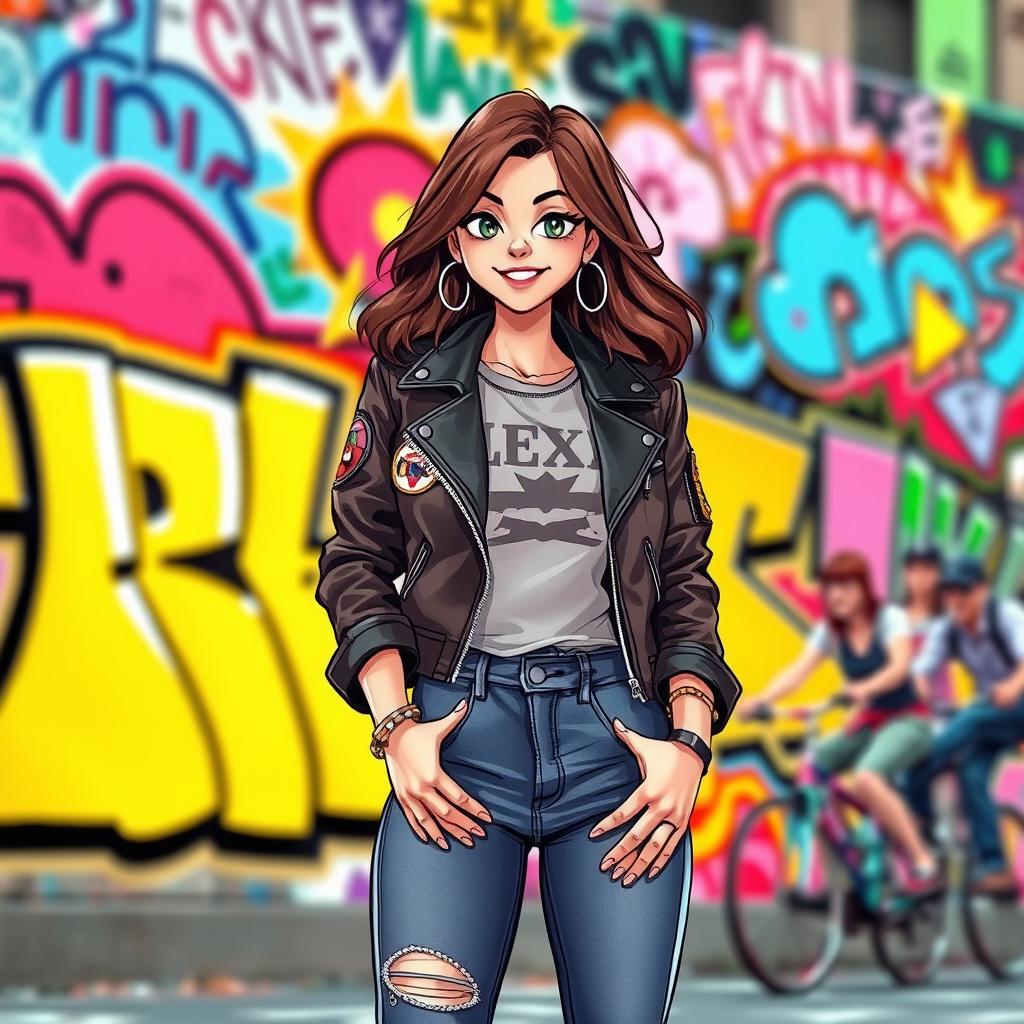 Illustrate Lexi Dixon, a stylish and confident young woman in a vibrant urban setting