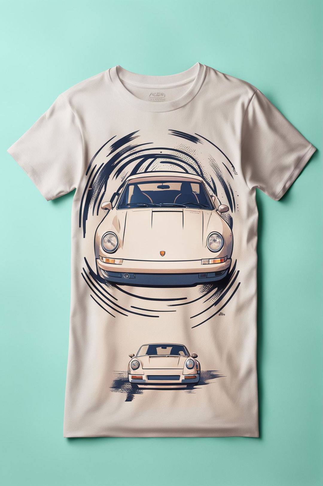 A 32k HD product editorial photo of a graphic tee featuring a minimalistic anime-style Porsche 911