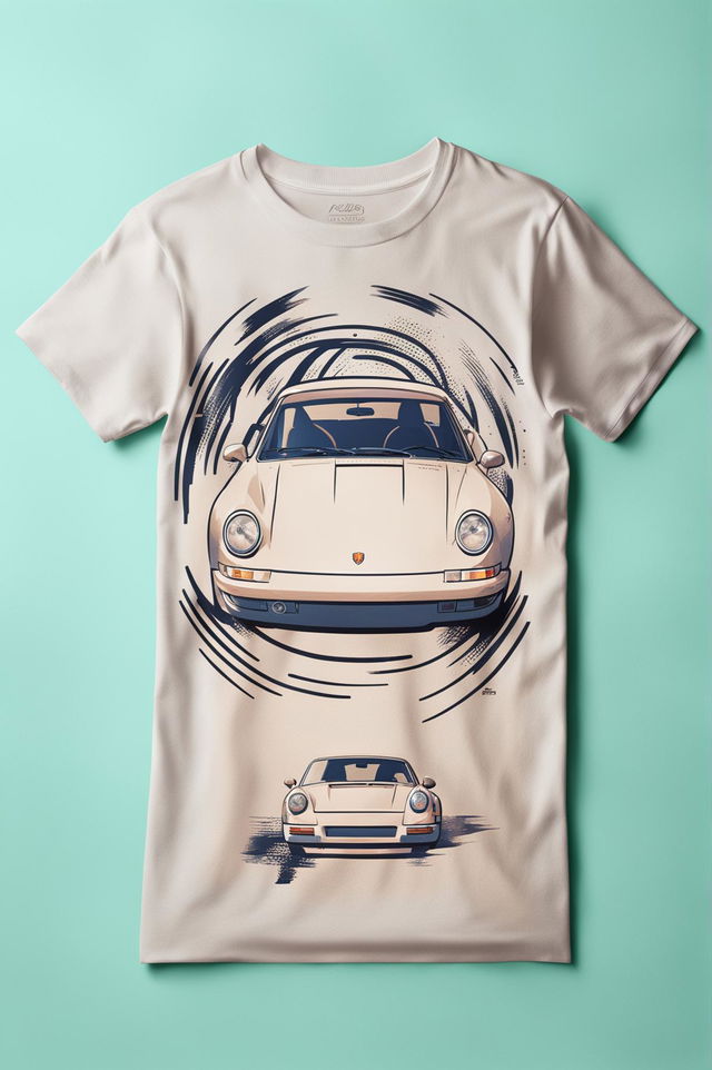 A 32k HD product editorial photo of a graphic tee featuring a minimalistic anime-style Porsche 911