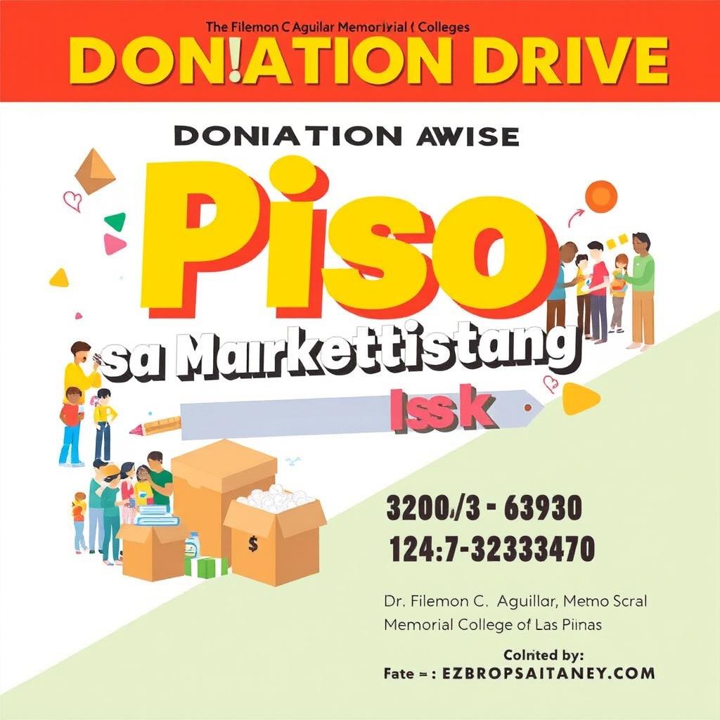 Design a bold and informative poster for a donation drive called 'Piso Para sa Marketistang Isko'