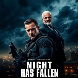 A cinematic movie poster for 'Night Has Fallen' featuring Gerard Butler and Morgan Freeman