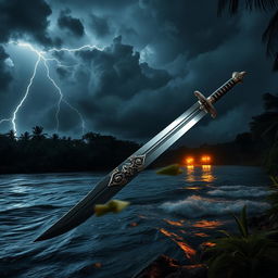 A stunning kampilan, a traditional Filipino sword with intricate hilt design, set elegantly at the river's edge on a stormy night
