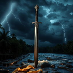 A stunning kampilan, a traditional Filipino sword with intricate hilt design, set elegantly at the river's edge on a stormy night