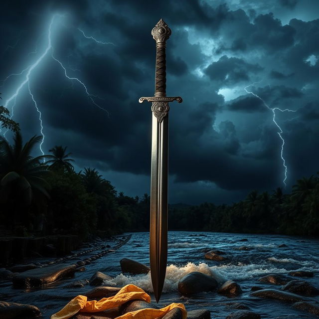 A stunning kampilan, a traditional Filipino sword with intricate hilt design, set elegantly at the river's edge on a stormy night