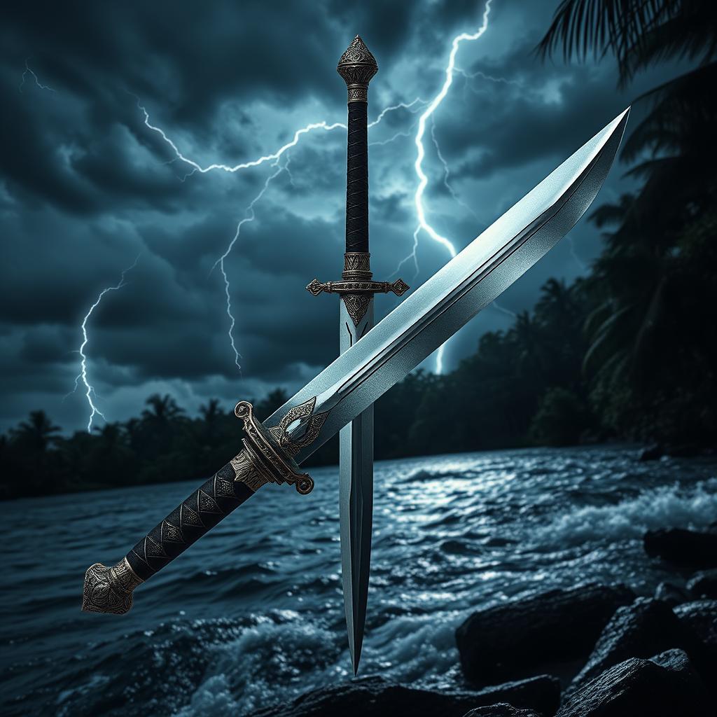 A stunning kampilan, a traditional Filipino sword with intricate hilt design, set elegantly at the river's edge on a stormy night