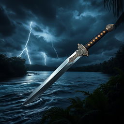 A stunning kampilan, a traditional Filipino sword with intricate hilt design, set elegantly at the river's edge on a stormy night