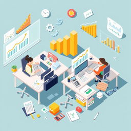A conceptual illustration of productivity in the workplace, depicting a mathematical comparison between output and resources