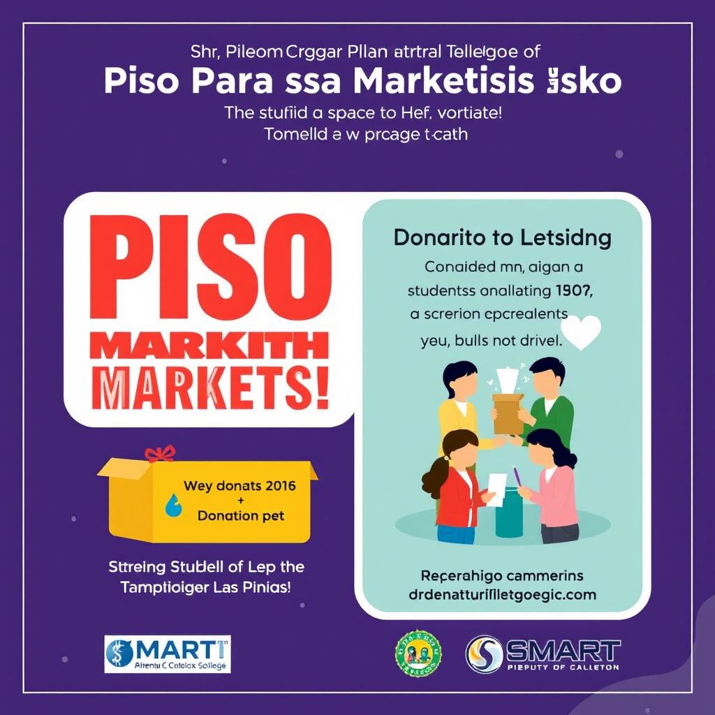 Create a compelling and visually appealing poster for the donation drive titled 'Piso Para sa Marketistang Isko', led by The Society of Marketers - SMART, the student organization at Dr