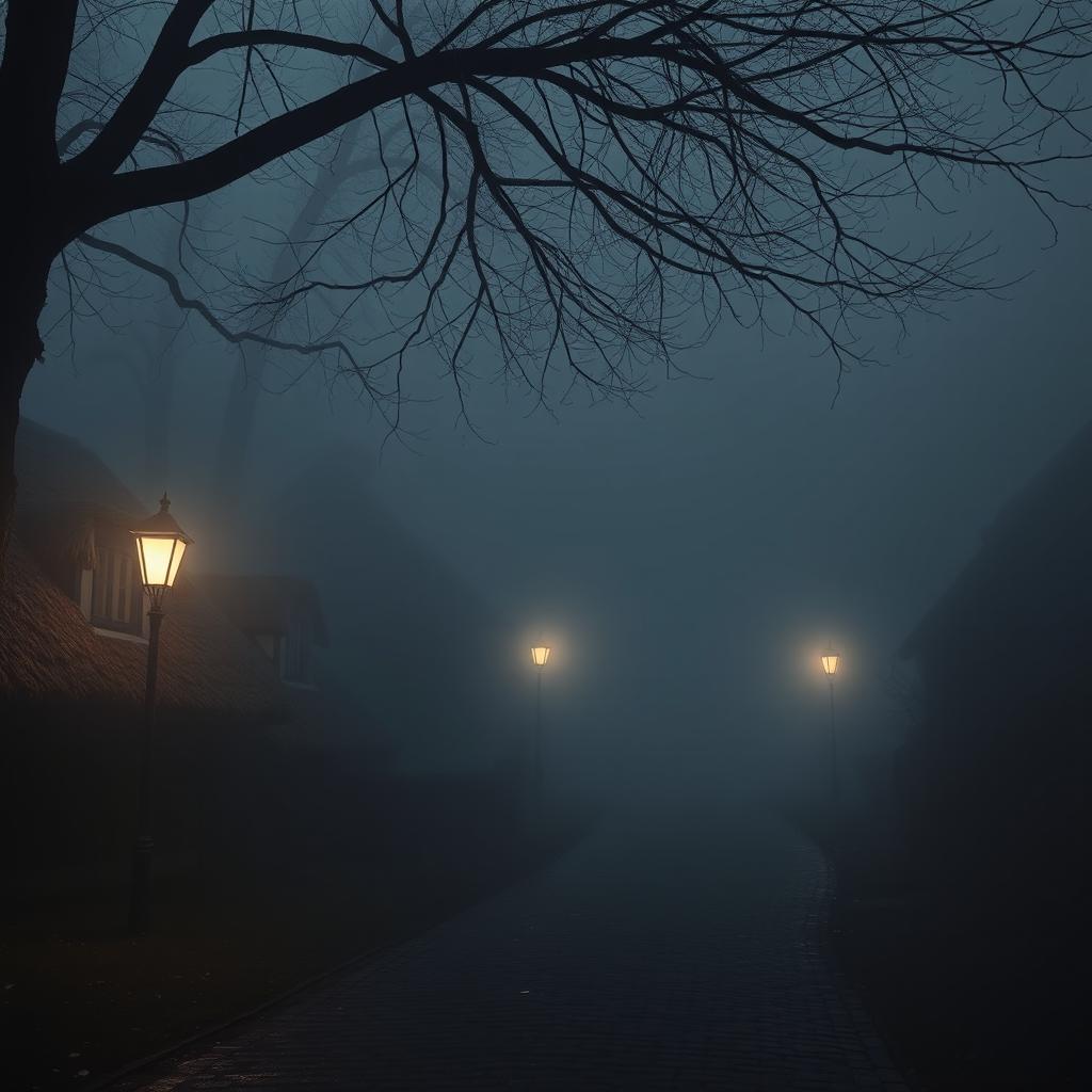 A picturesque village shrouded in thick fog, the atmosphere heavy with mystery