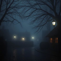 A picturesque village shrouded in thick fog, the atmosphere heavy with mystery