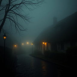 A picturesque village shrouded in thick fog, the atmosphere heavy with mystery