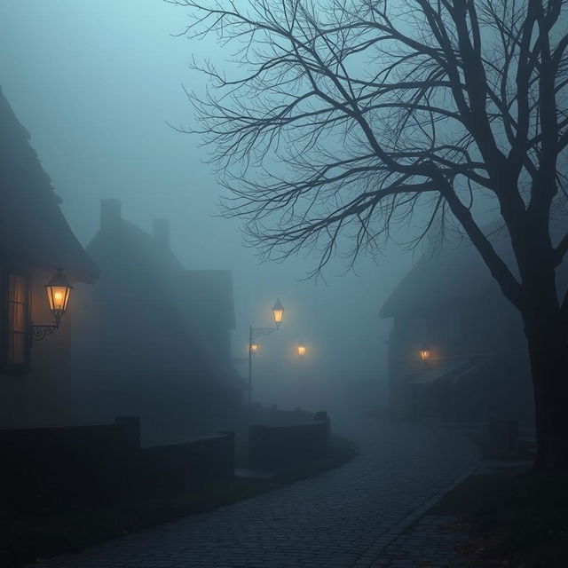 A picturesque village shrouded in thick fog, the atmosphere heavy with mystery