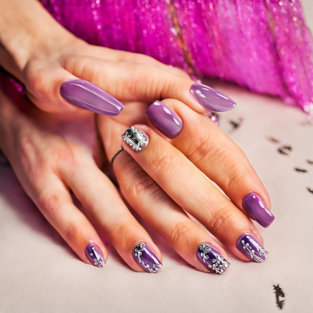 The image displays a set of hands with nails painted in a glossy lavender polish, adorned with intricate silver nail charms