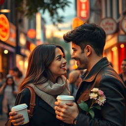 A romantic and emotional scene depicting two people meeting in a bustling urban environment