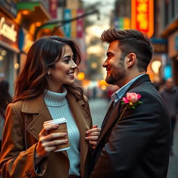A romantic and emotional scene depicting two people meeting in a bustling urban environment