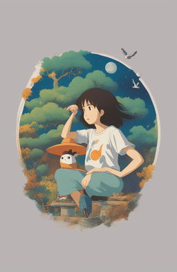 A 32k HD product editorial photo of a graphic tee featuring a Studio Ghibli inspired print