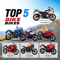 A visually striking infographic poster titled 'Top 5 Bikes' featuring the most iconic motorcycles from around the world