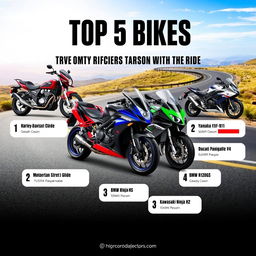 A visually striking infographic poster titled 'Top 5 Bikes' featuring the most iconic motorcycles from around the world