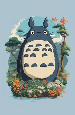 A 32k HD product editorial photo of a graphic tee featuring a Studio Ghibli inspired print