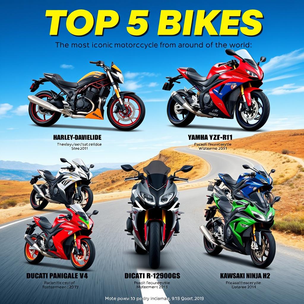 A visually striking infographic poster titled 'Top 5 Bikes' featuring the most iconic motorcycles from around the world