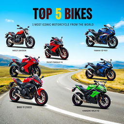 A visually striking infographic poster titled 'Top 5 Bikes' featuring the most iconic motorcycles from around the world