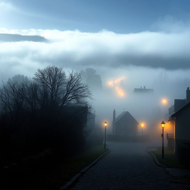 A serene village enveloped in a thick blanket of fog, with quaint houses peeking through the mist