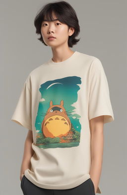 A 32k HD product editorial photo of a graphic tee featuring a Studio Ghibli inspired print