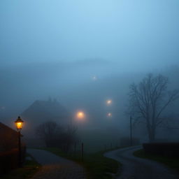A serene village enveloped in a thick blanket of fog, with quaint houses peeking through the mist