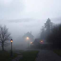A serene village enveloped in a thick blanket of fog, with quaint houses peeking through the mist