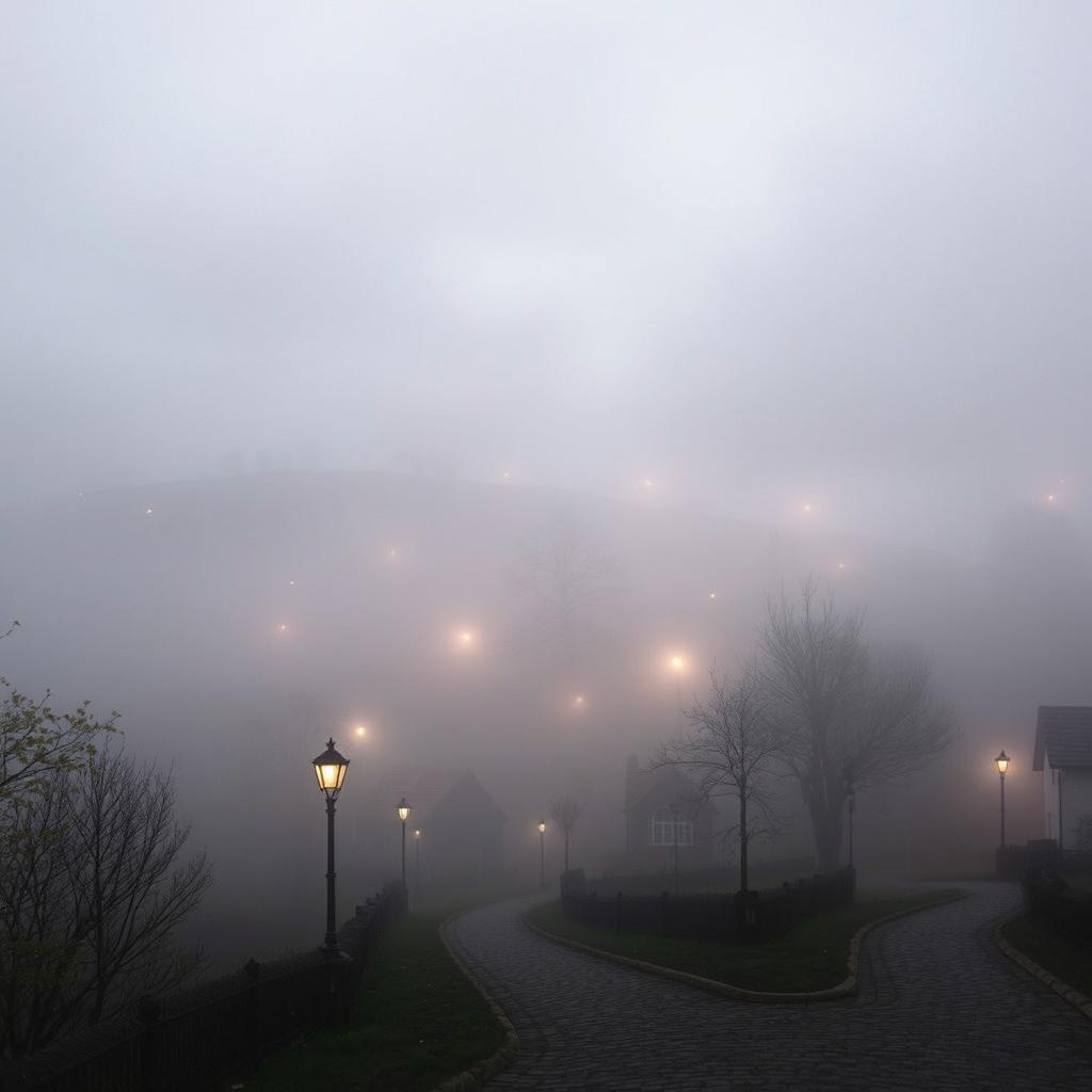 A serene village enveloped in a thick blanket of fog, with quaint houses peeking through the mist