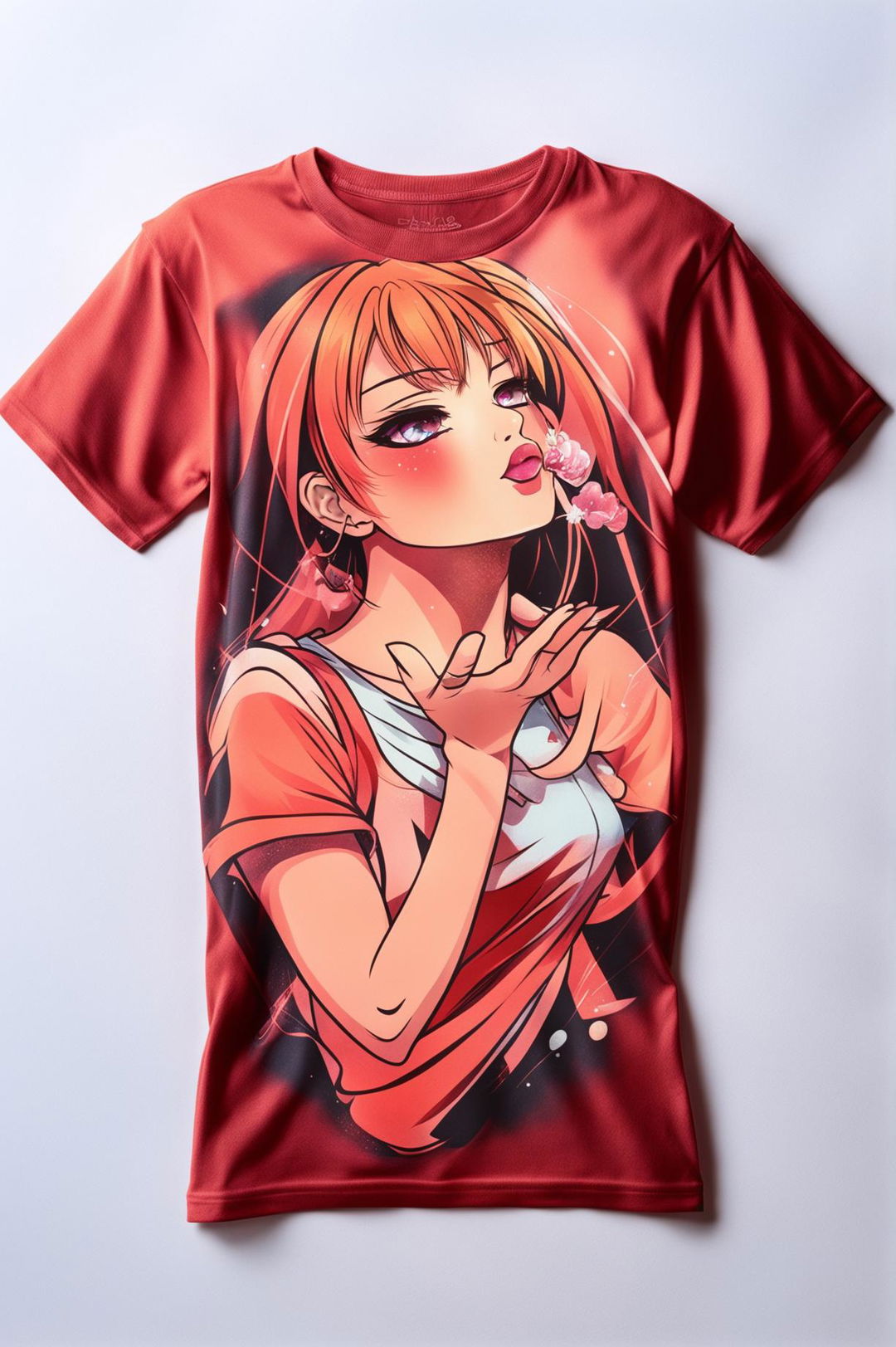 A 32k HD product editorial photo of a graphic tee featuring a design of an anime waifu blowing a kiss