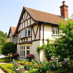 A beautiful exterior view of a Norfolk cream house, showcasing its charming architecture and warm earthy tones