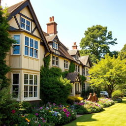 A beautiful exterior view of a Norfolk cream house, showcasing its charming architecture and warm earthy tones