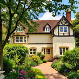 A beautiful exterior view of a Norfolk cream house, showcasing its charming architecture and warm earthy tones