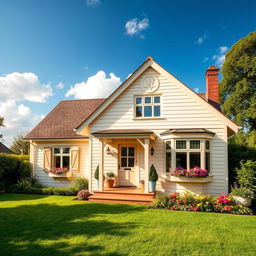 A picturesque Norfolk cream wood house exterior, featuring charming architectural details such as a gabled roof, large windows with wooden shutters, and a welcoming front porch adorned with potted flowers