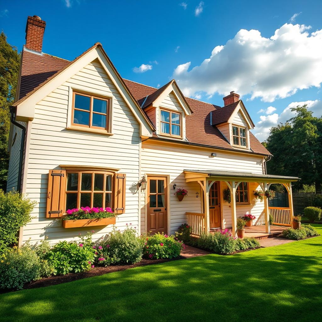 A picturesque Norfolk cream wood house exterior, featuring charming architectural details such as a gabled roof, large windows with wooden shutters, and a welcoming front porch adorned with potted flowers