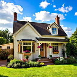 A picturesque Norfolk cream wood house exterior, featuring charming architectural details such as a gabled roof, large windows with wooden shutters, and a welcoming front porch adorned with potted flowers