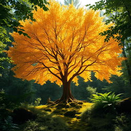 A stunning golden tree standing majestically in the middle of a lush green forest