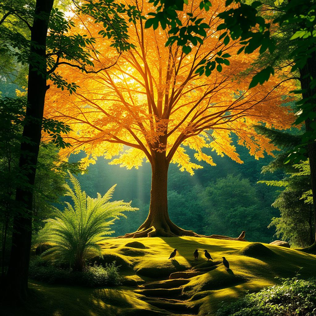 A stunning golden tree standing majestically in the middle of a lush green forest