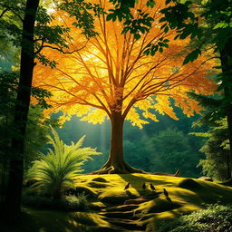 A stunning golden tree standing majestically in the middle of a lush green forest