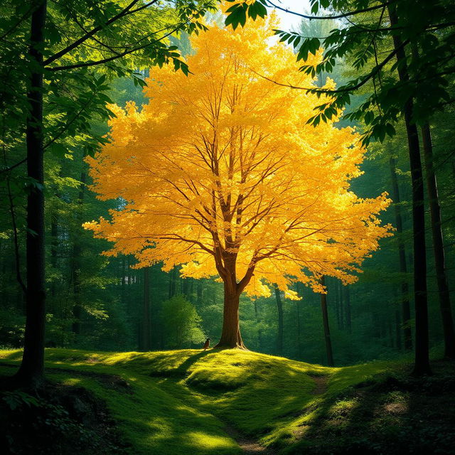 A stunning golden tree standing majestically in the middle of a lush green forest