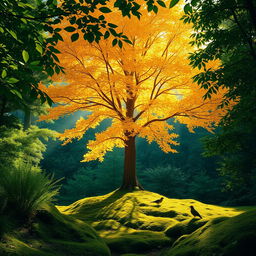 A stunning golden tree standing majestically in the middle of a lush green forest