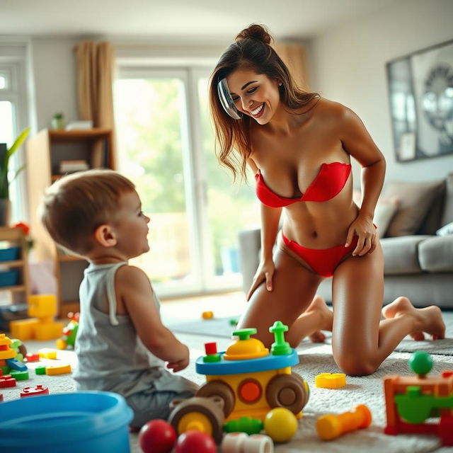 A playful scene featuring a sexy nanny in a stylish red bikini, watching over a young boy playing with his toys in a cozy living room