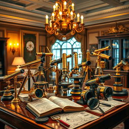 A vibrant collection of optical instruments displayed on a sophisticated wooden table, including telescopes, microscopes, and camera lenses
