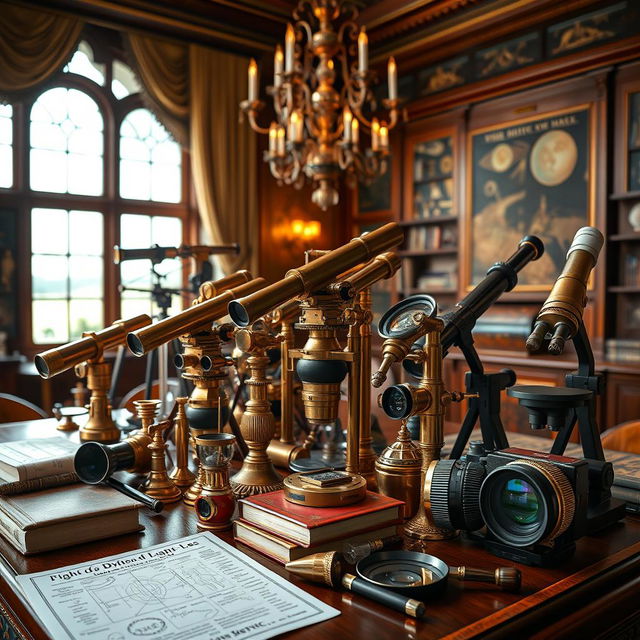 A vibrant collection of optical instruments displayed on a sophisticated wooden table, including telescopes, microscopes, and camera lenses